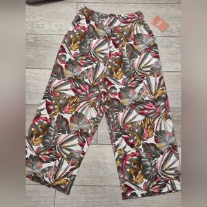 New IYLA Ladies Linen Mix Tropical Print Wide-Leg Gaucho Pants